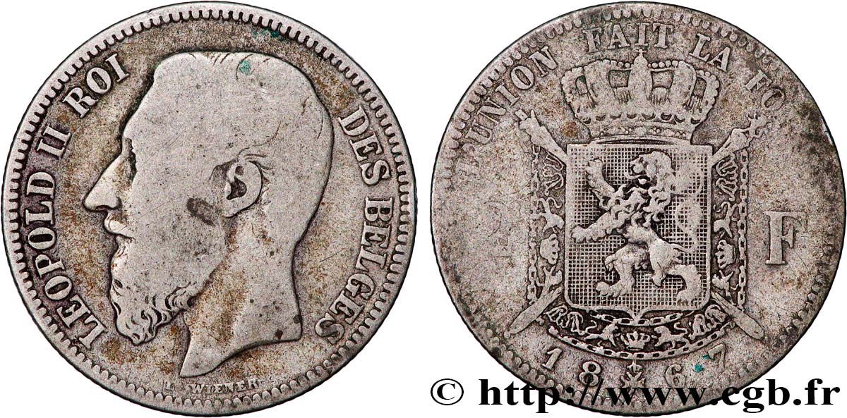 BELGIUM 2 Francs Léopold II légende française 1867  VF 