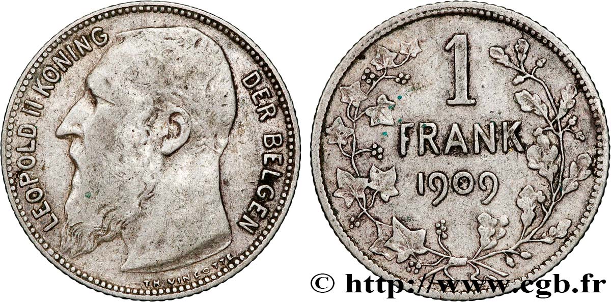 BELGIQUE 1 Frank (Franc) Léopold II légende flamande 1909  TB+ 