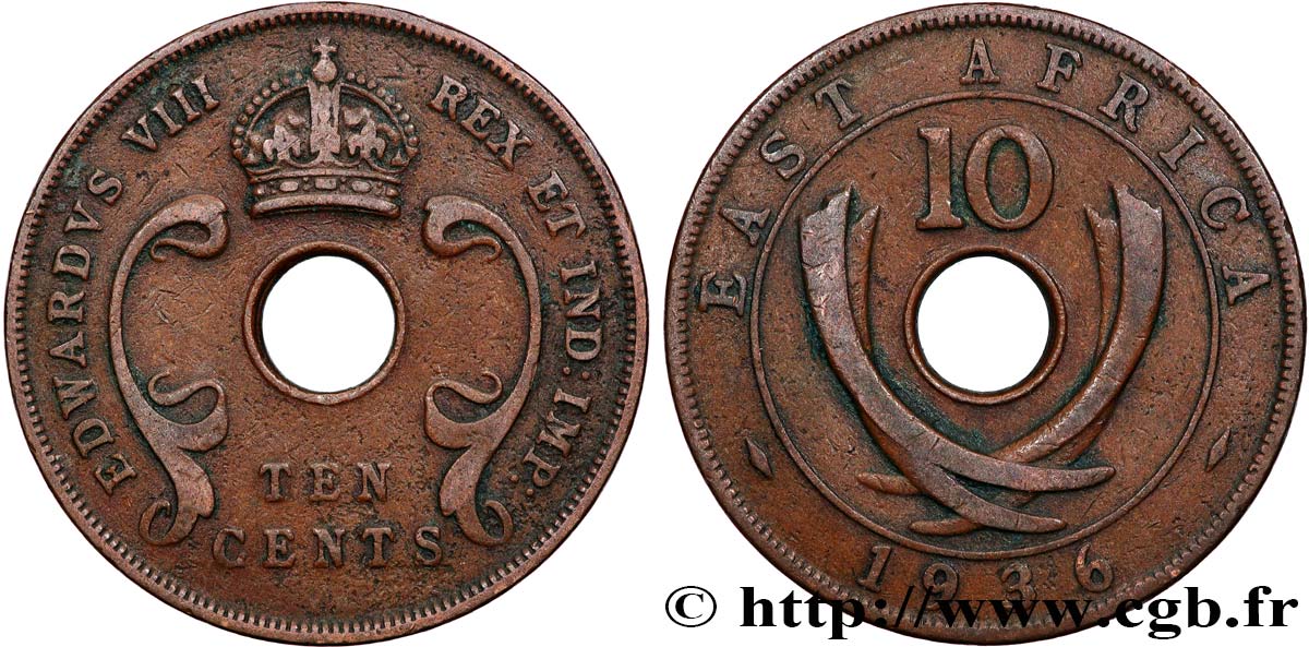 EAST AFRICA (BRITISH) 10 Cents frappe au nom d’Edouard VIII 1936 King’s Norton VF 