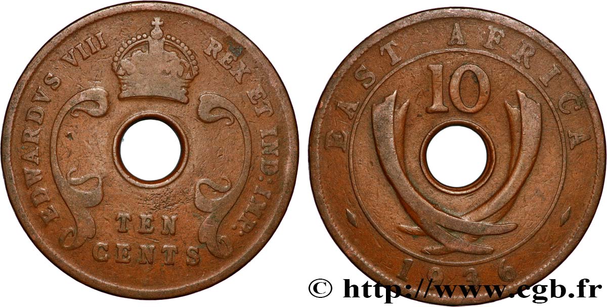 EAST AFRICA 10 Cents frappe au nom d’Edouard VIII 1936 Heaton - H VF 