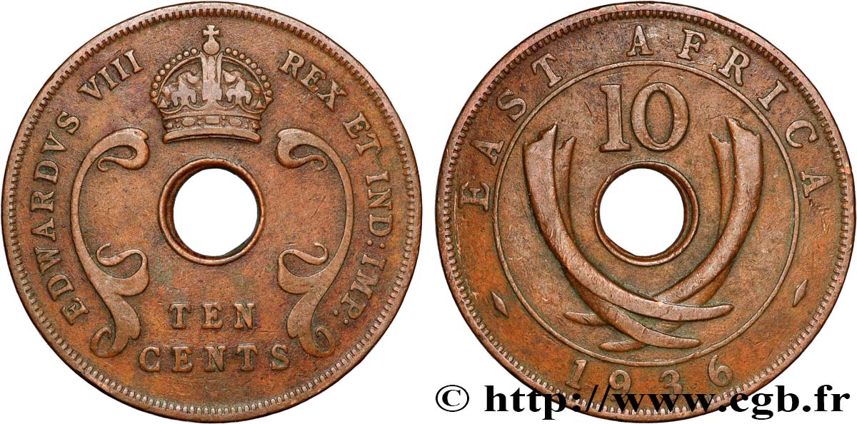 ÁFRICA ORIENTAL BRITÁNICA 10 Cents frappe au nom d’Edouard VIII 1936 Heaton - H BC+ 
