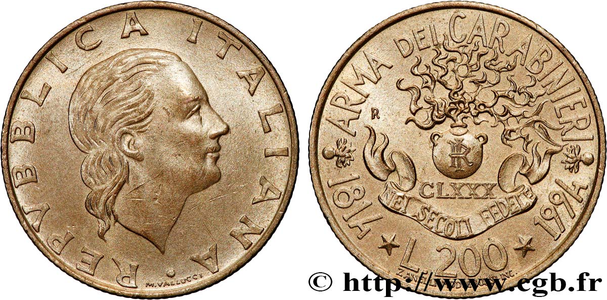 ITALIE 200 Lire 180e anniversaire Arme des Carabiniers 1994 Rome - R SUP 