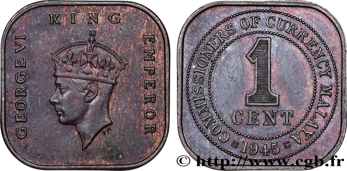 MALAYSIA 1 Cent Commission Monétaire de Malaisie Georges VI 1945  XF 