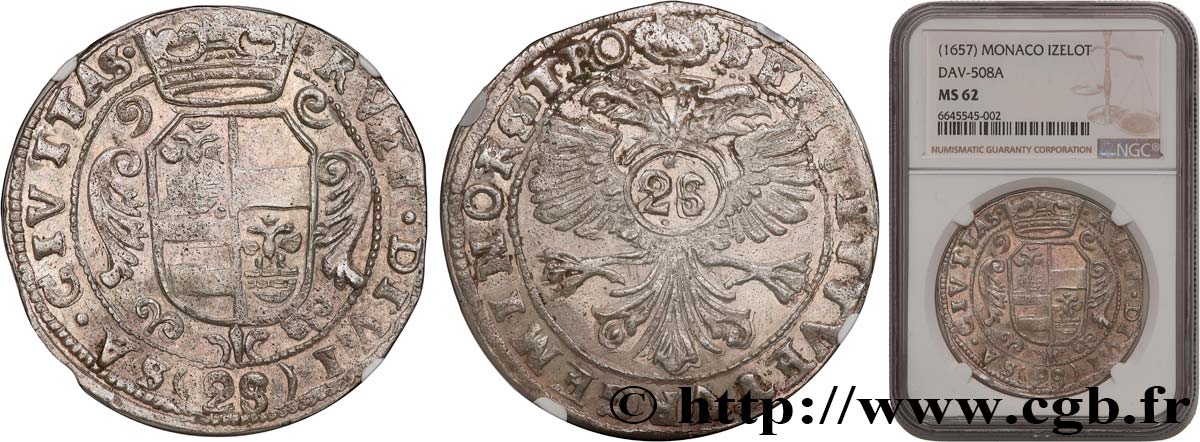 MONACO - PRINCIPALITY OF MONACO - HONORE II GRIMALDI Izelotte ou pièce de 28 sols s.d. (1657) Monaco MS62 NGC