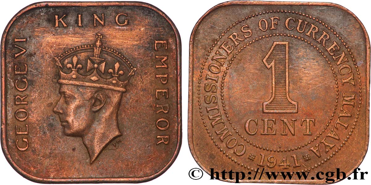 MALASIA 1 Cent Commission Monétaire de Malaisie Georges VI 1941 Calcutta MBC 