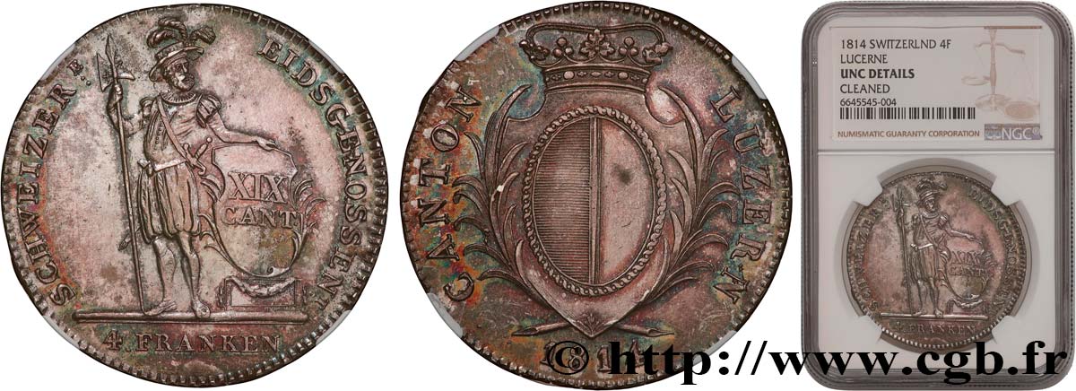 SUISSE - CANTON DE LUCERNE 4 Franken 1814 Lucerne SPL NGC