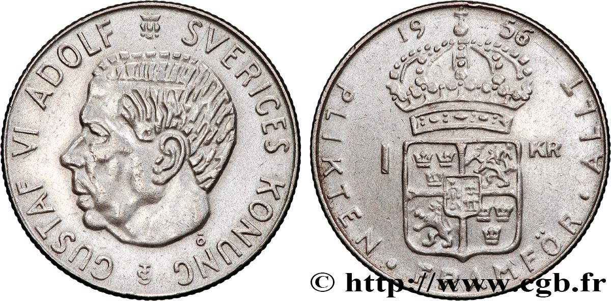 SWEDEN 1 Krona Gustave VI 1956  XF 