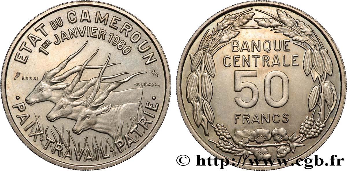 CAMERUN Essai de 50 Francs Etat du Cameroun, commémoration de l’indépendance, antilopes 1960 Paris MS 