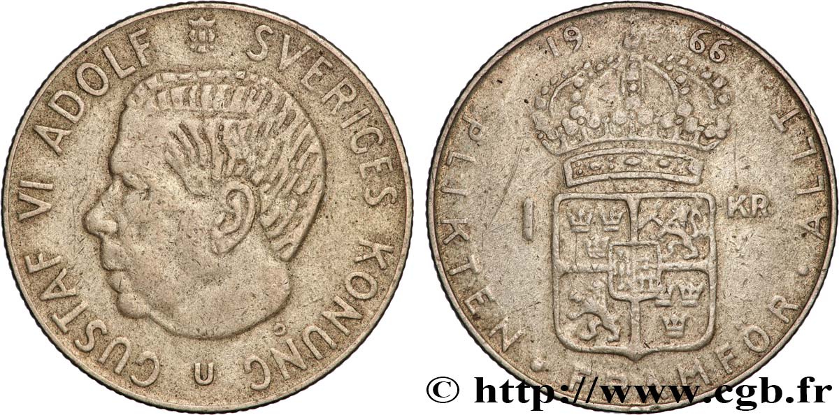 SWEDEN 1 Krona Gustave VI 1966  XF 
