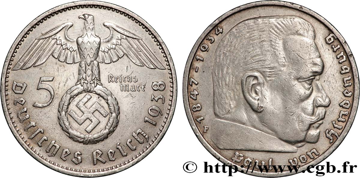 ALLEMAGNE 5 Reichsmark Maréchal Paul von Hindenburg 1938 Stuttgart TTB 