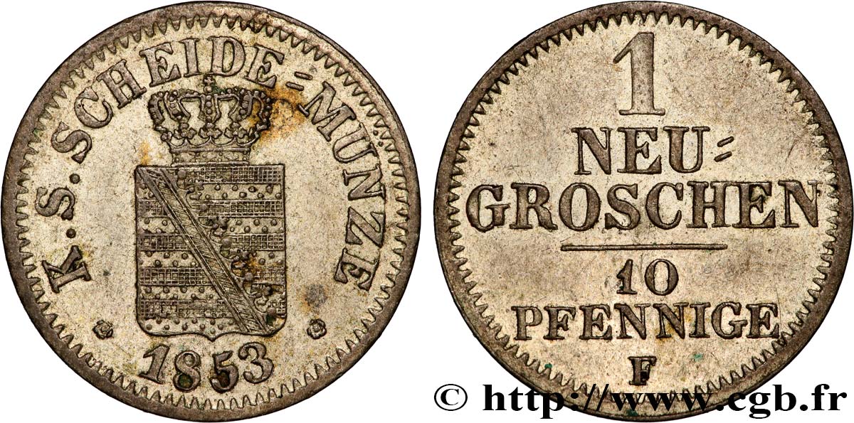 GERMANY - SAXONY 1 Neugroschen (10 Pfennige) 1853 Dresde AU 