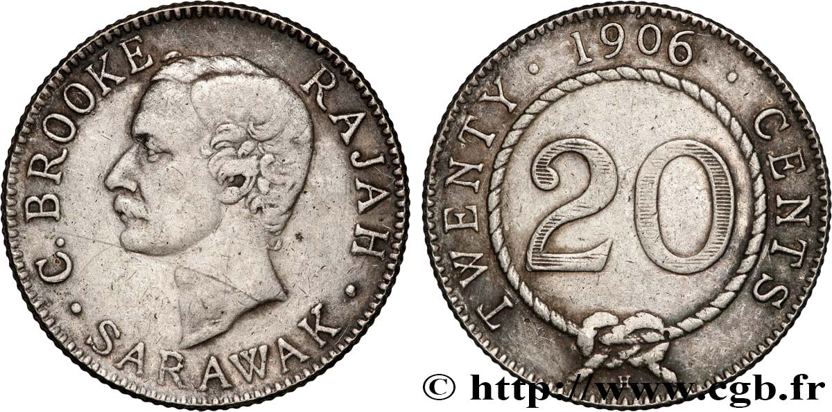 SARAWAK 20 Cents Rajah C. Brooke 1906 Heaton TTB 