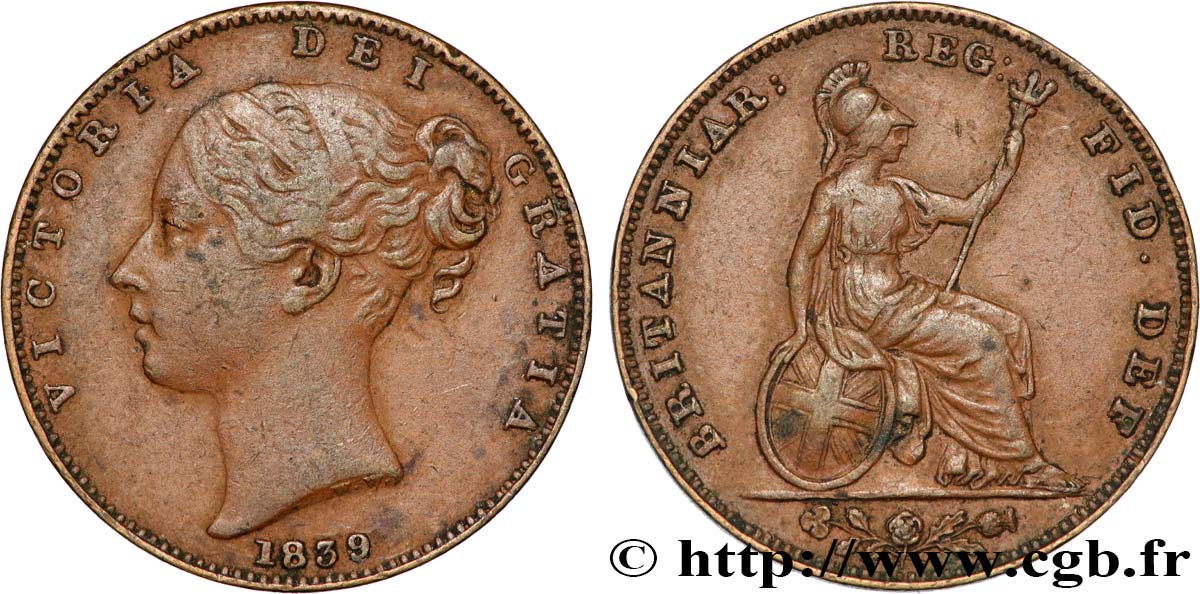 ROYAUME-UNI 1 Farthing Victoria “tête jeune” 1839 Londres TTB 