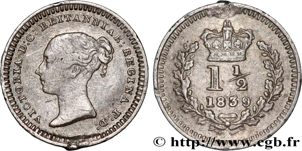 UNITED KINGDOM 1 1/2 Pence 1839 Londres XF 