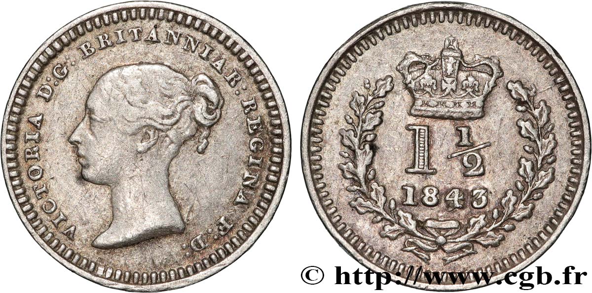 UNITED KINGDOM 1 1/2 Pence Victoria 1843  XF 