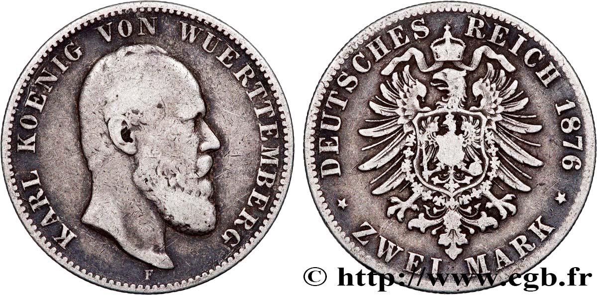 GERMANIA - WÜRTEMBERG 2 Mark Charles 1876 Stuttgart MB 