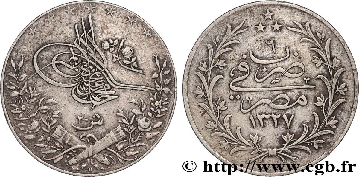 EGYPT 20 Qirsh Muhammad V an 1327 1913 Heaton XF 
