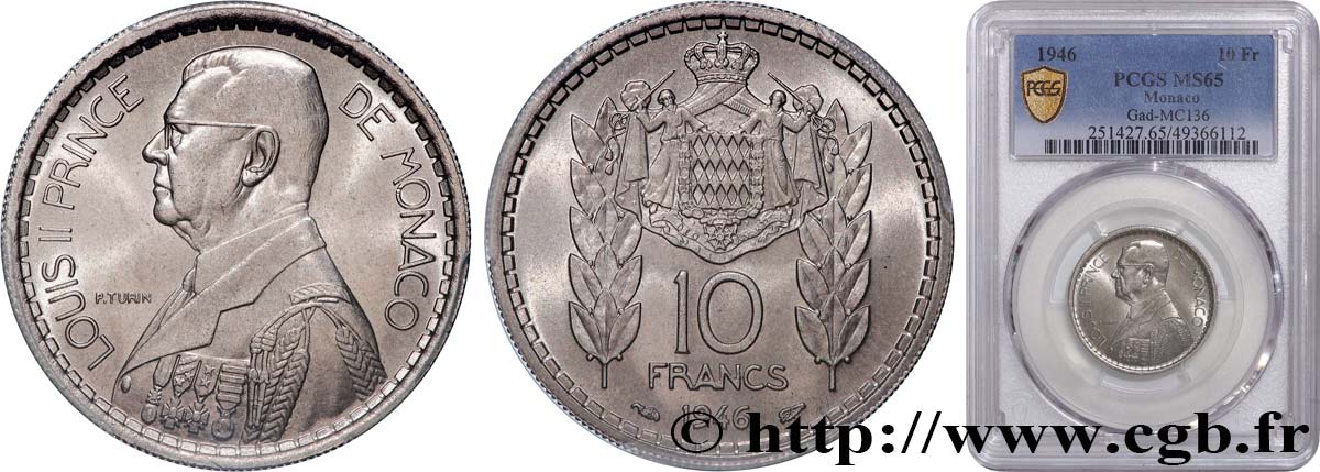 MONACO 10 Francs Louis II 1946 Paris FDC65 PCGS