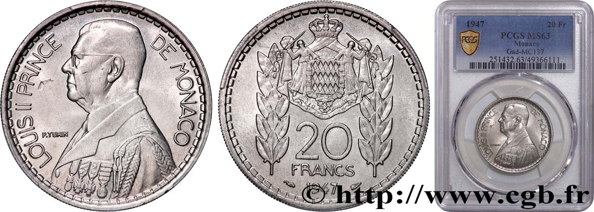 MONACO 20 Francs prince Louis II 1947 Paris SC63 PCGS