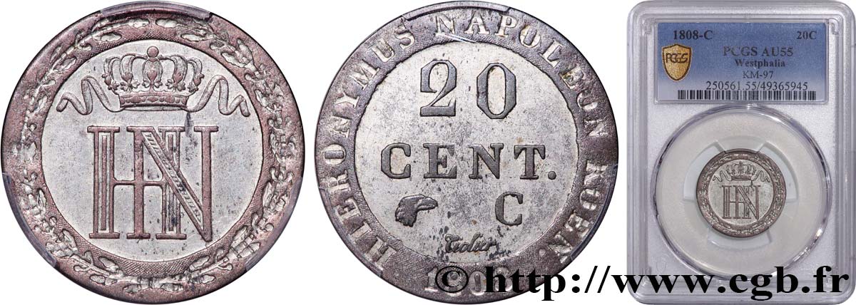 ALEMANIE - REINO DE WESTFALIA 20 Centimes 1808 Cassel EBC55 PCGS