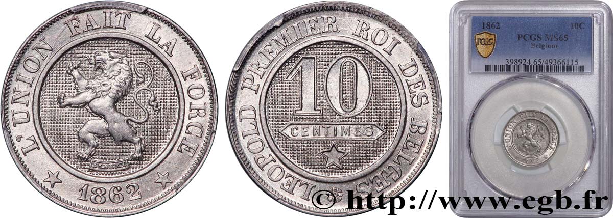 BÉLGICA 10 Centimes lion 1862  FDC65 PCGS