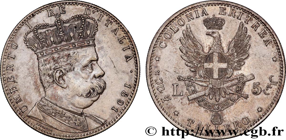 ÉRYTHRÉE - ROYAUME D ITALIE - HUMBERT Ier Tallero ou 5 Lire 1891 Rome fVZ 