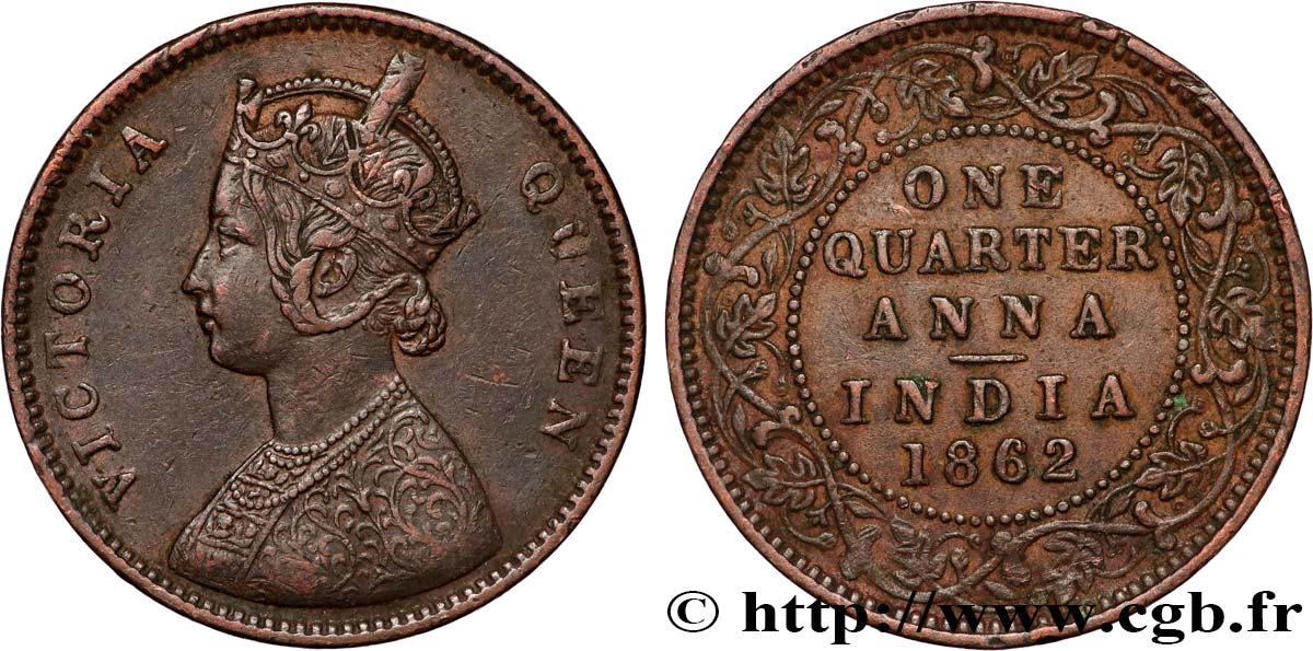 BRITISH INDIA 1/4 Anna Victoria 1862 Calcutta XF 