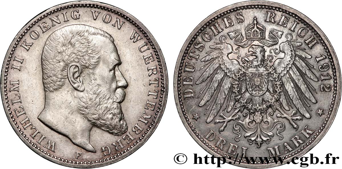 GERMANY - WÜRTTEMBERG 3 Mark Guillaume II 1912 Stuttgart AU 