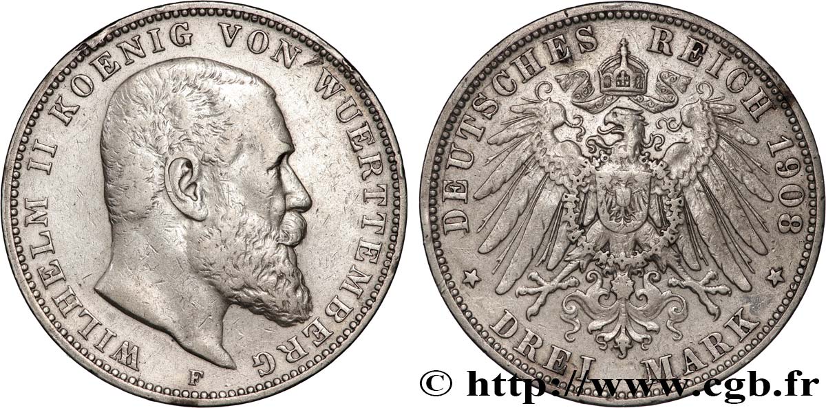 GERMANY - WÜRTTEMBERG 3 Mark Guillaume 1908 Stuttgart XF 