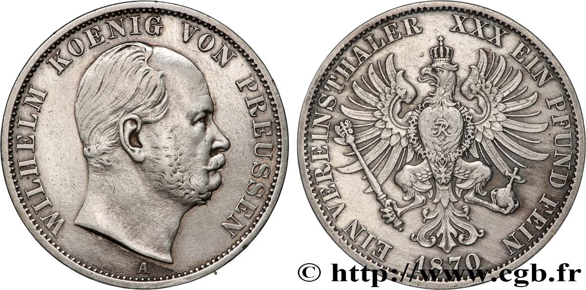 GERMANY - KINGDOM OF PRUSSIA - WILLIAM I 1 Thaler  1870 Berlin XF 