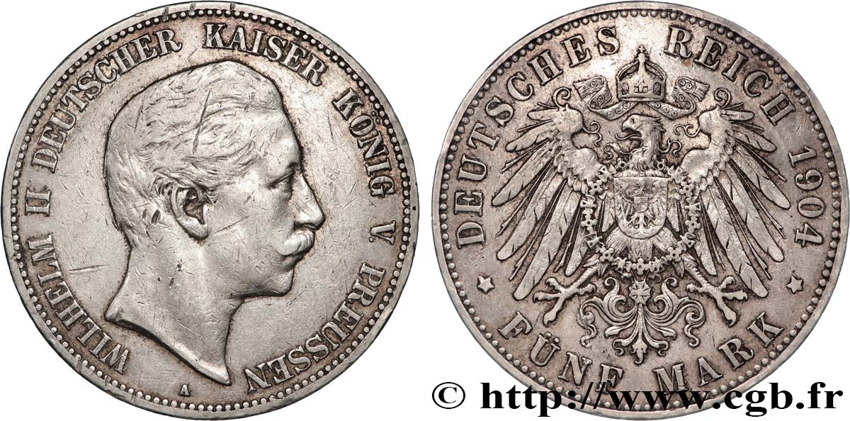 GERMANIA - REGNO DI PRUSSIA - GUGLIELMO II 5 Mark  1904 Berlin BB 