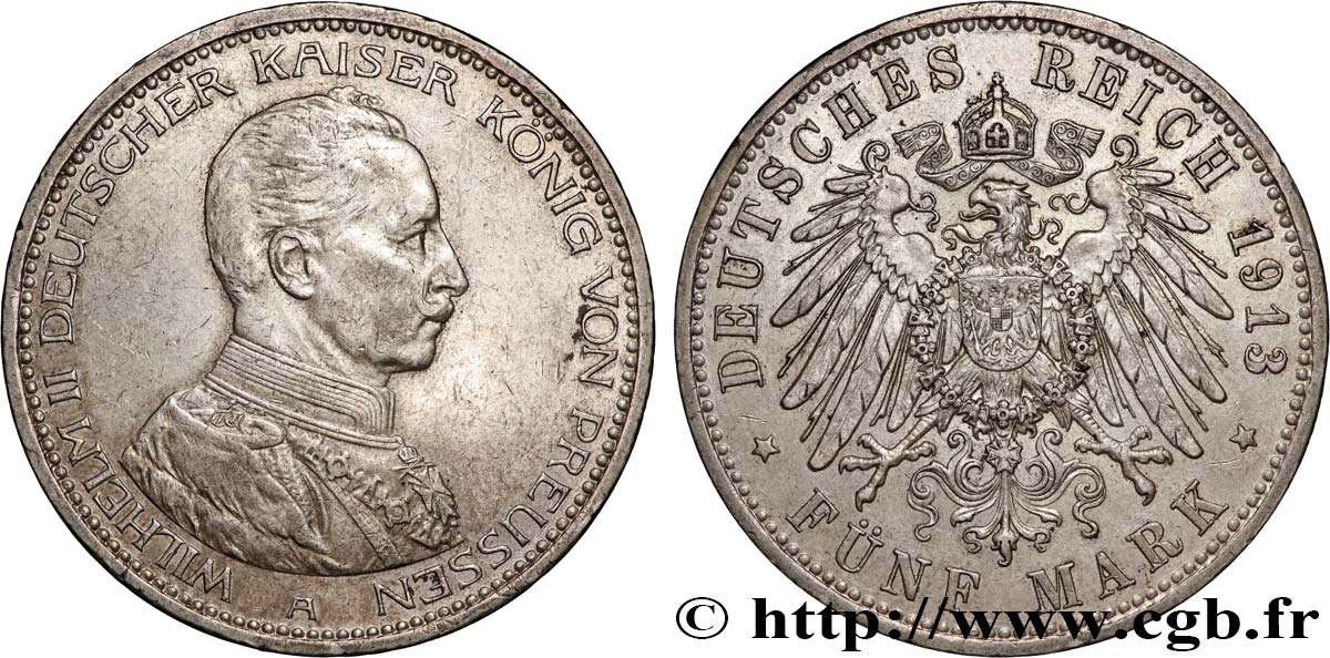 ALEMANIA - REINO DE PRUSIA - GUILLERMO II 5 Mark  1913 Berlin MBC+ 