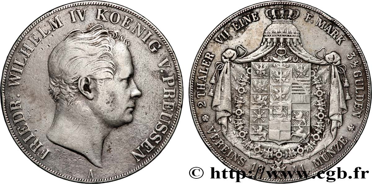 GERMANY - KINGDOM OF PRUSSIA - FREDERICK-WILLIAM IV 2 Thaler (3 1/2 gulden)  1841 Berlin XF 