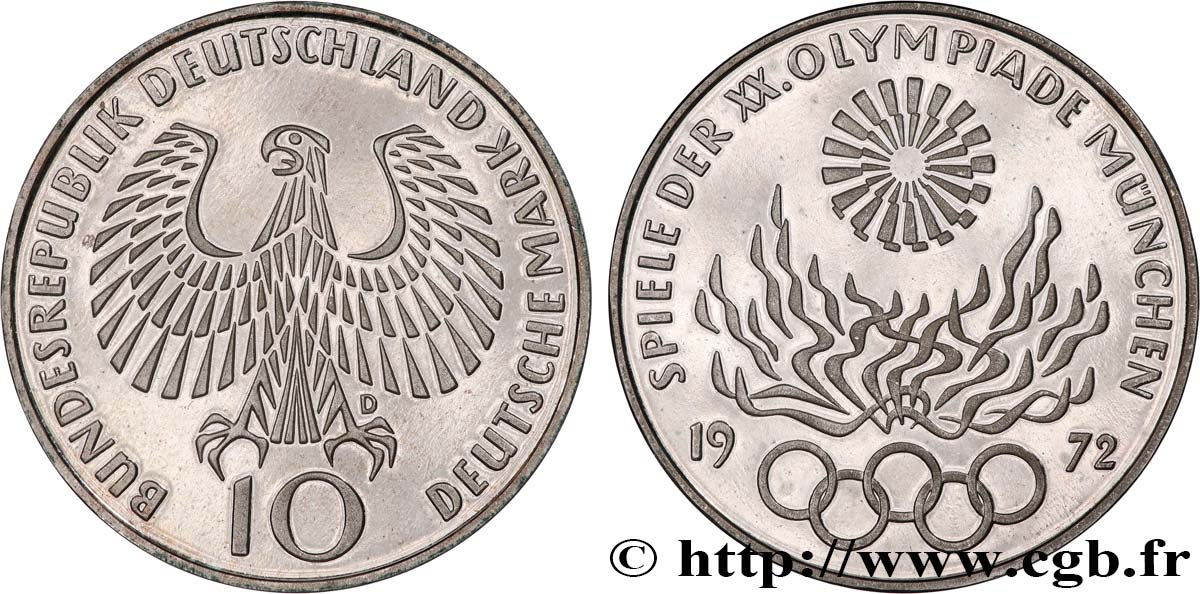 GERMANIA 10 Mark BE (Proof) XXe J.O. Munich : aigle / flamme olympique 1972 Munich MS 