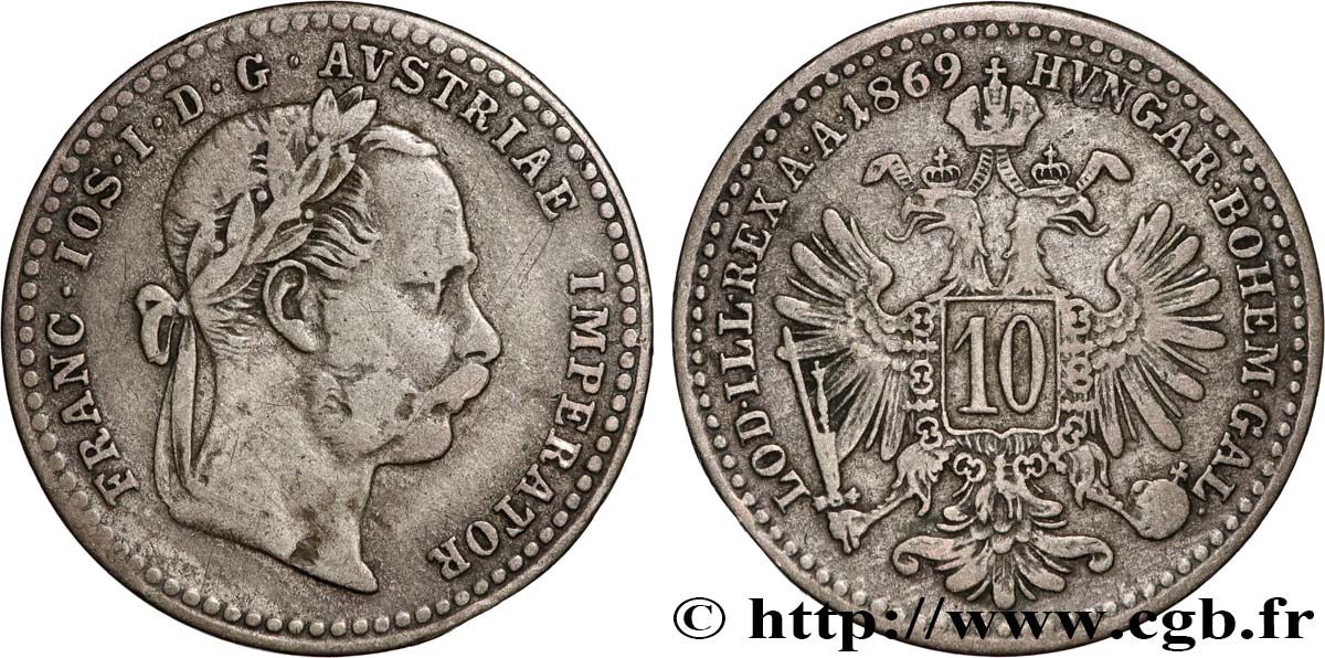 AUSTRIA 10 Kreuzer François-Joseph Ier 1869 Vienne VF 