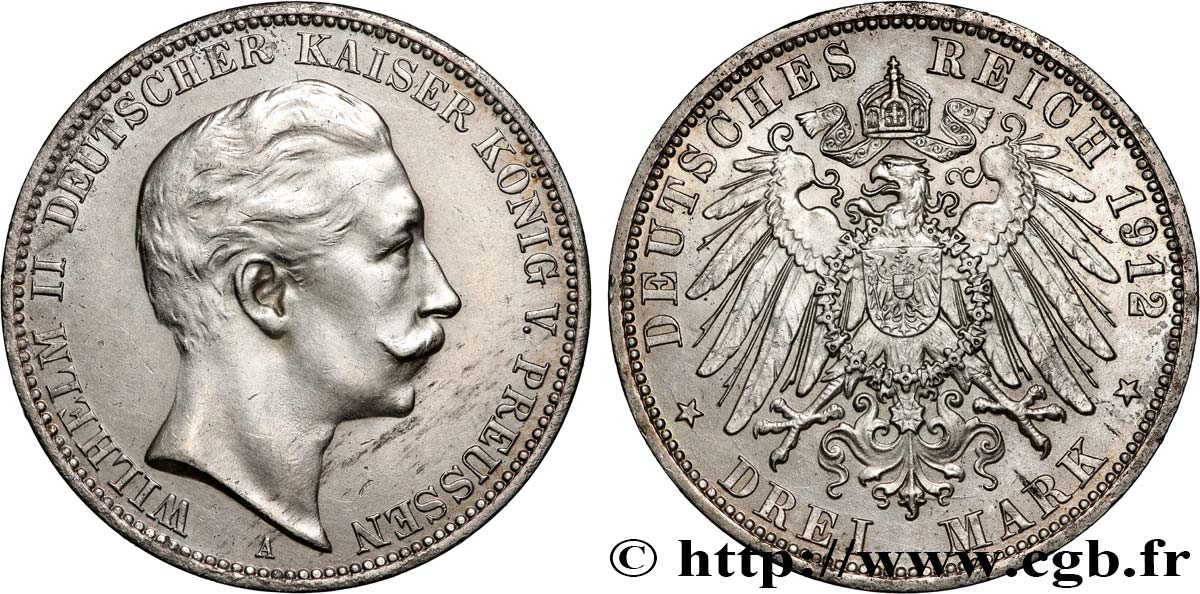 ALEMANIA - PRUSIA 3 Mark Guillaume II  1912 Berlin MBC+ 