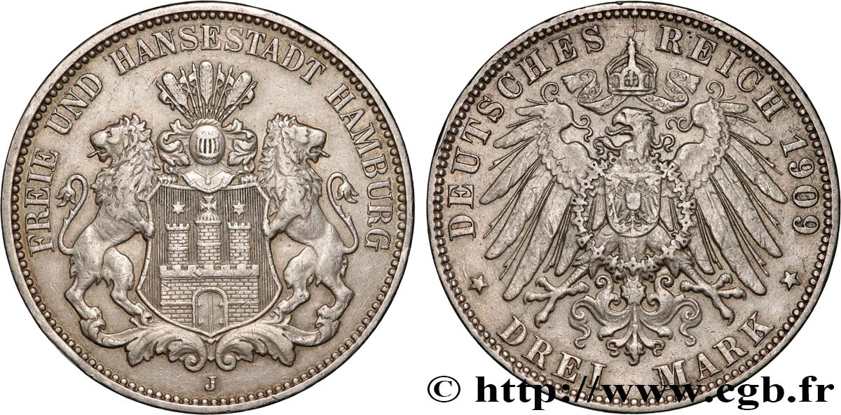 GERMANY - FREE CITY OF HAMBURG 3 Mark 1909 Hambourg XF 