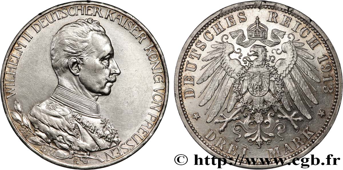 GERMANY - PRUSSIA 3 Mark 25e anniversaire de règne de Guillaume II 1913 Berlin AU 