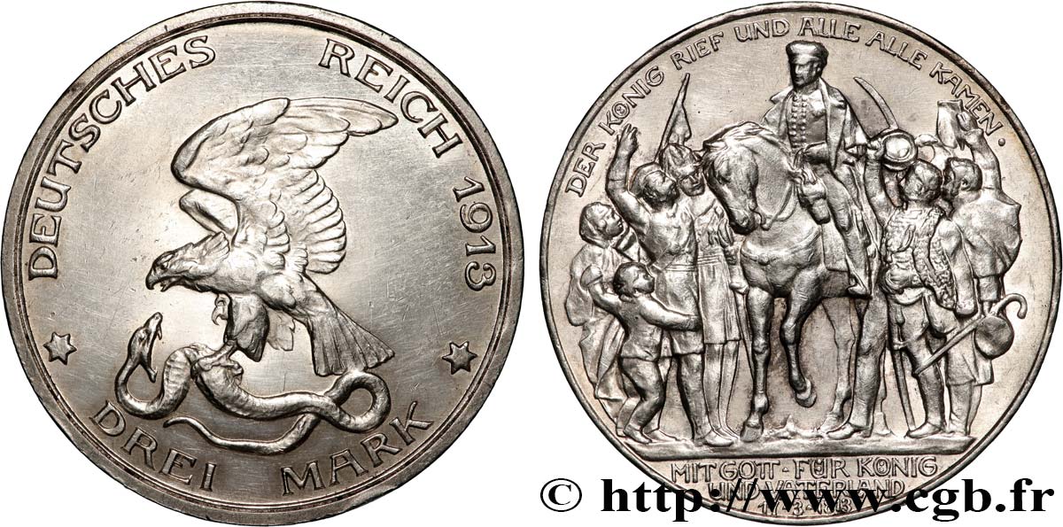 GERMANY - PRUSSIA 3 Mark 100e anniversaire défaite de Napoléon 1913 Berlin AU 