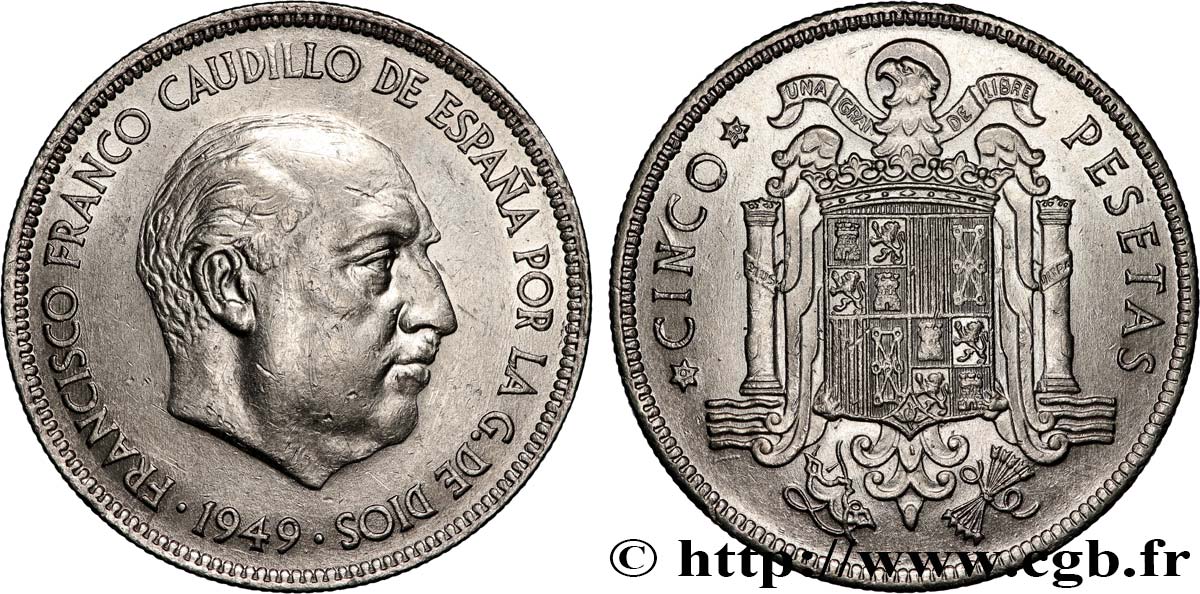 SPANIEN 5 Pesetas Franco (1950) 1949  fVZ 