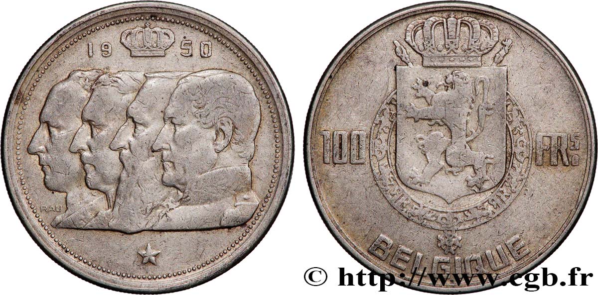 BELGIQUE 100 Francs portraits des quatre rois de Belgique, légende française 1950  TTB 