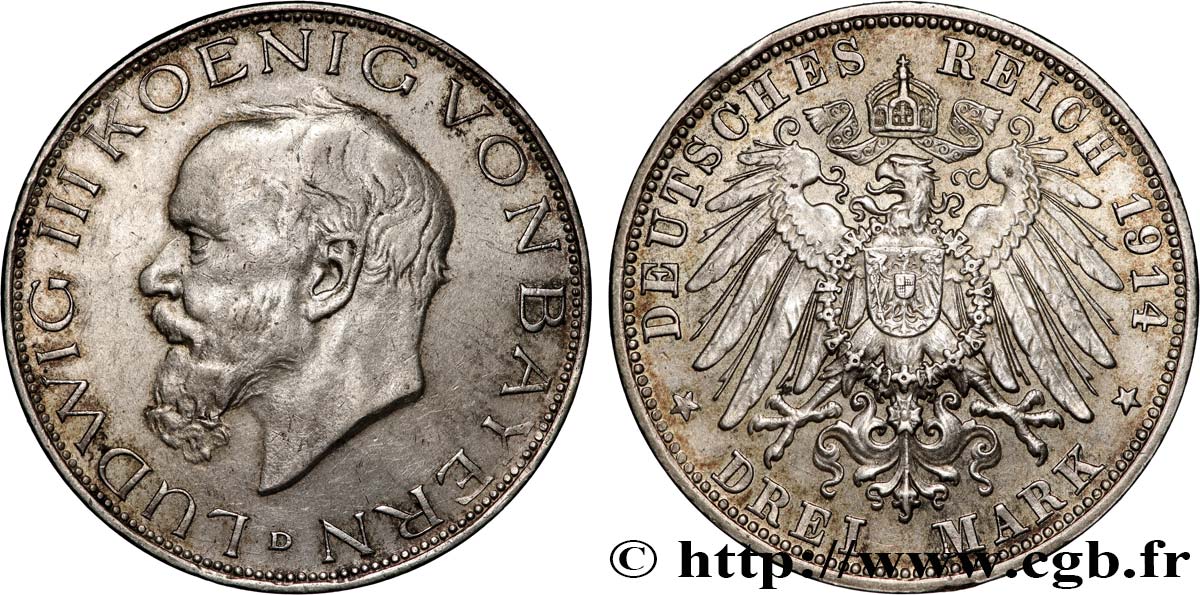 GERMANIA - BAVIERIA 3 Mark Louis III 1914 Munich BB 