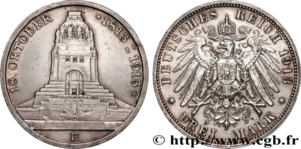 ALLEMAGNE - SAXE 3 Mark ‘Monument de la Bataille des Peuples’  1913 Muldenhütten - E TTB+ 