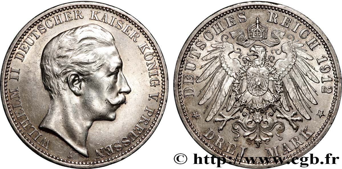 GERMANY - PRUSSIA 3 Mark Guillaume II  1912 Berlin AU 