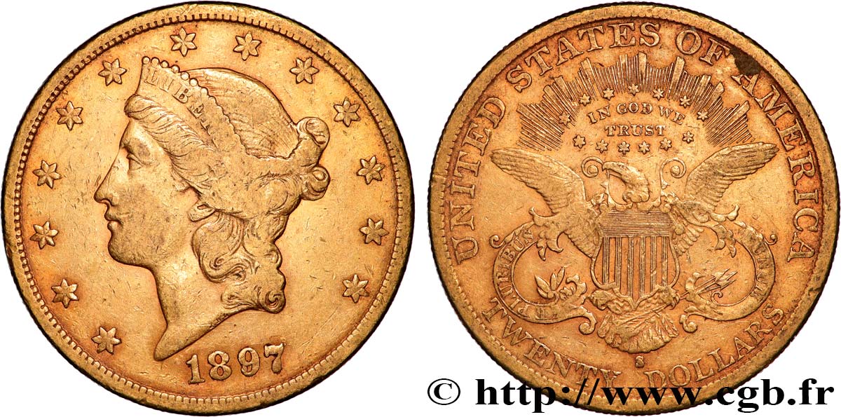 OR, PALLADIUM ET PLATINE INVESTISSEMENT 20 Dollars  Liberty  1897 San Francisco TB+ 