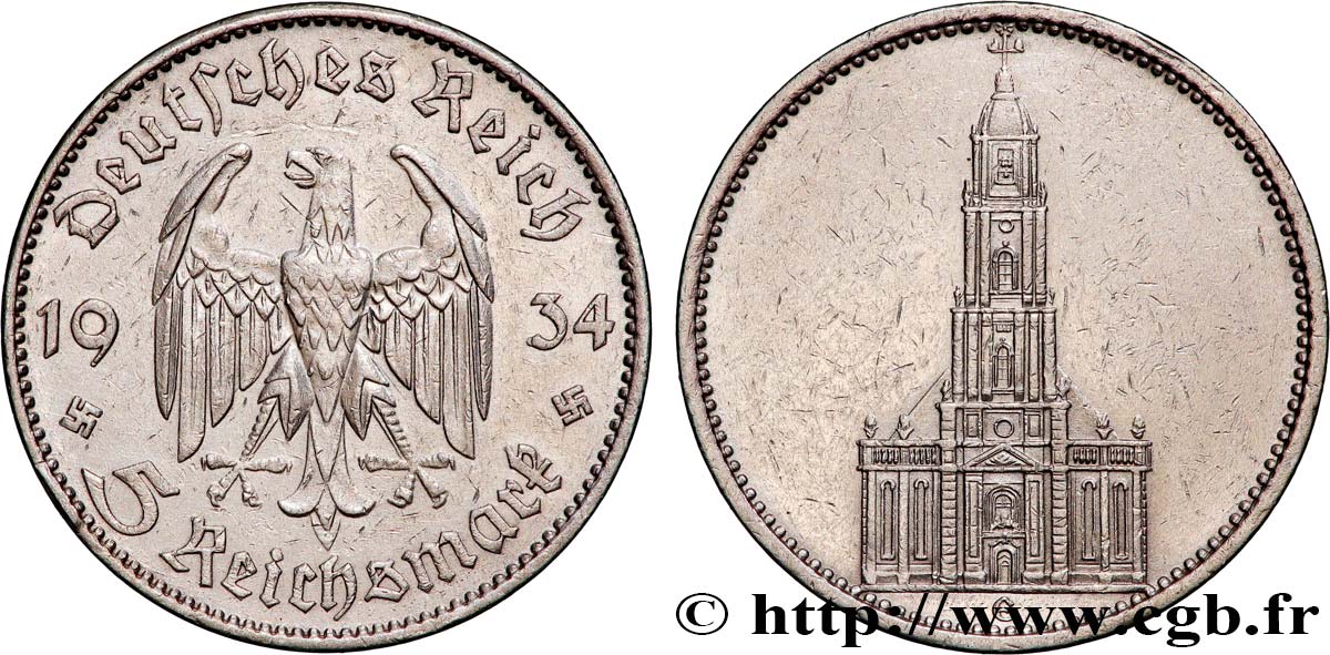 ALEMANIA 5 Reichsmark église de la garnison de Potsdam 1934 Muldenhütten - E MBC 