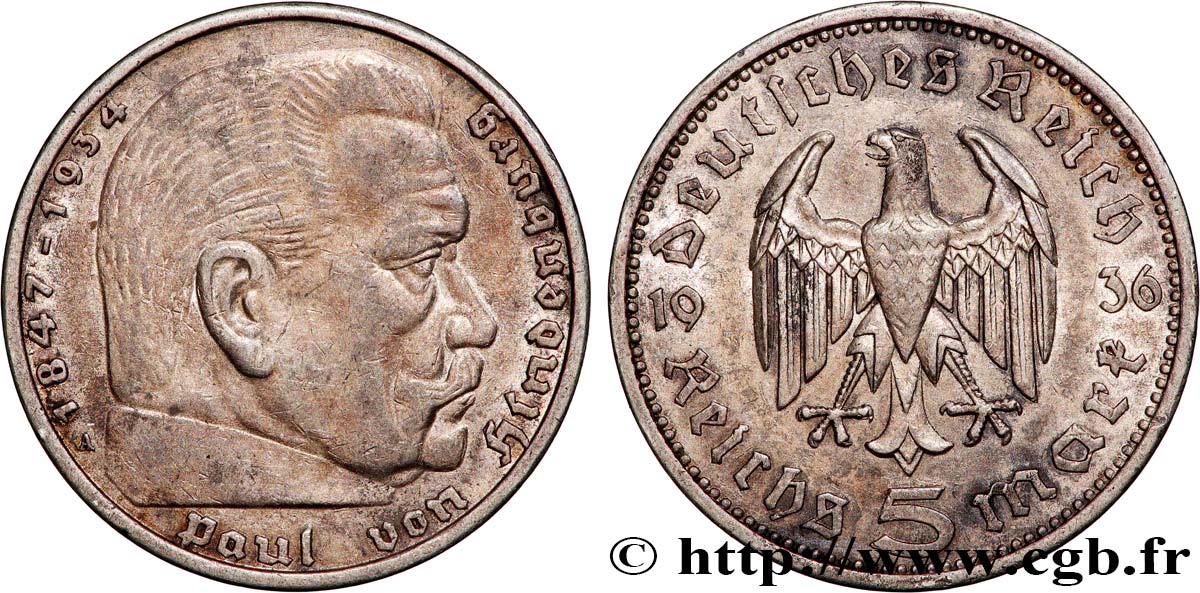 DEUTSCHLAND 5 Reichsmark Maréchal Paul von Hindenburg 1936 Berlin SS 