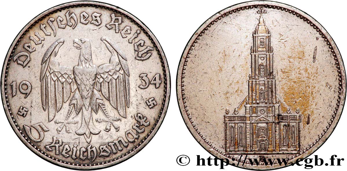 ALEMANIA 5 Reichsmark église de la garnison de Potsdam 1934 Munich MBC 