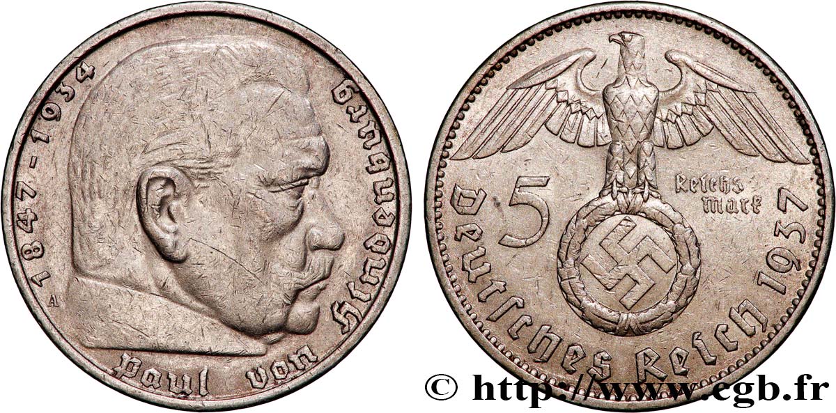 ALLEMAGNE 5 Reichsmark Maréchal Paul von Hindenburg 1937 Berlin TTB 