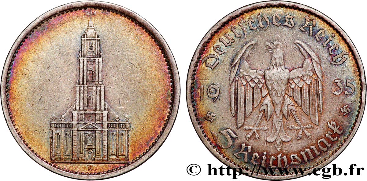 GERMANY 5 Reichsmark église de la garnison de Potsdam 1935 Berlin XF 